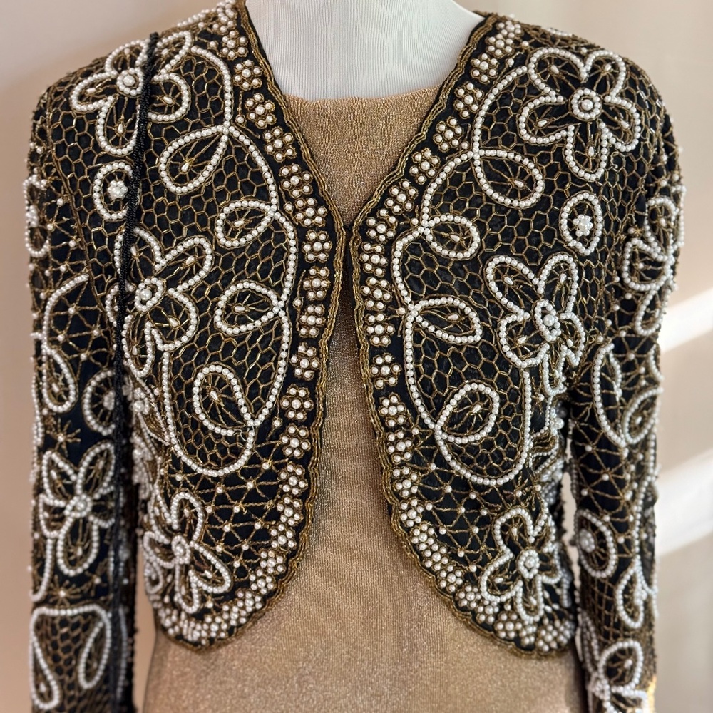Nieman Marcus Vintage Beaded Bolero in Black, Gold & White